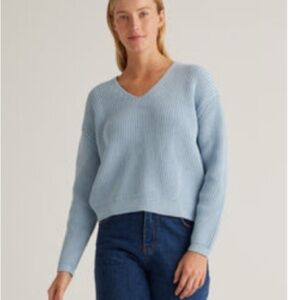 Quince 100% Organic Cotton Fisherman V-Neck Sweater - Sky Blue